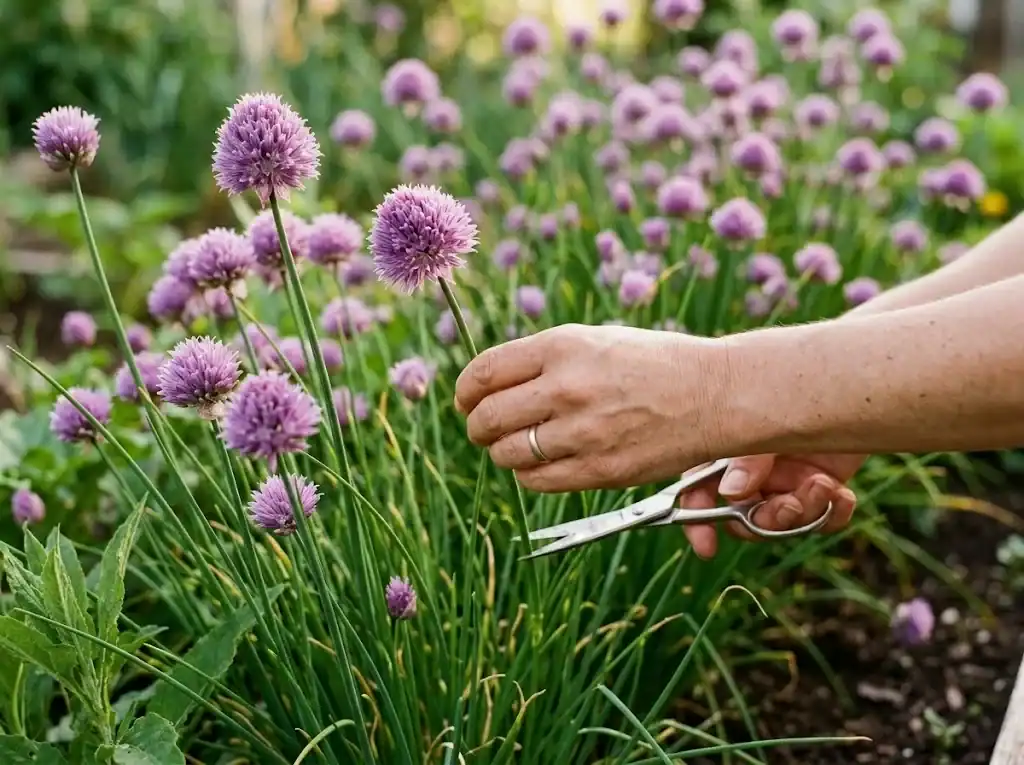 Purple pom-pom chive blossoms opening on their stems above the grassy leaves