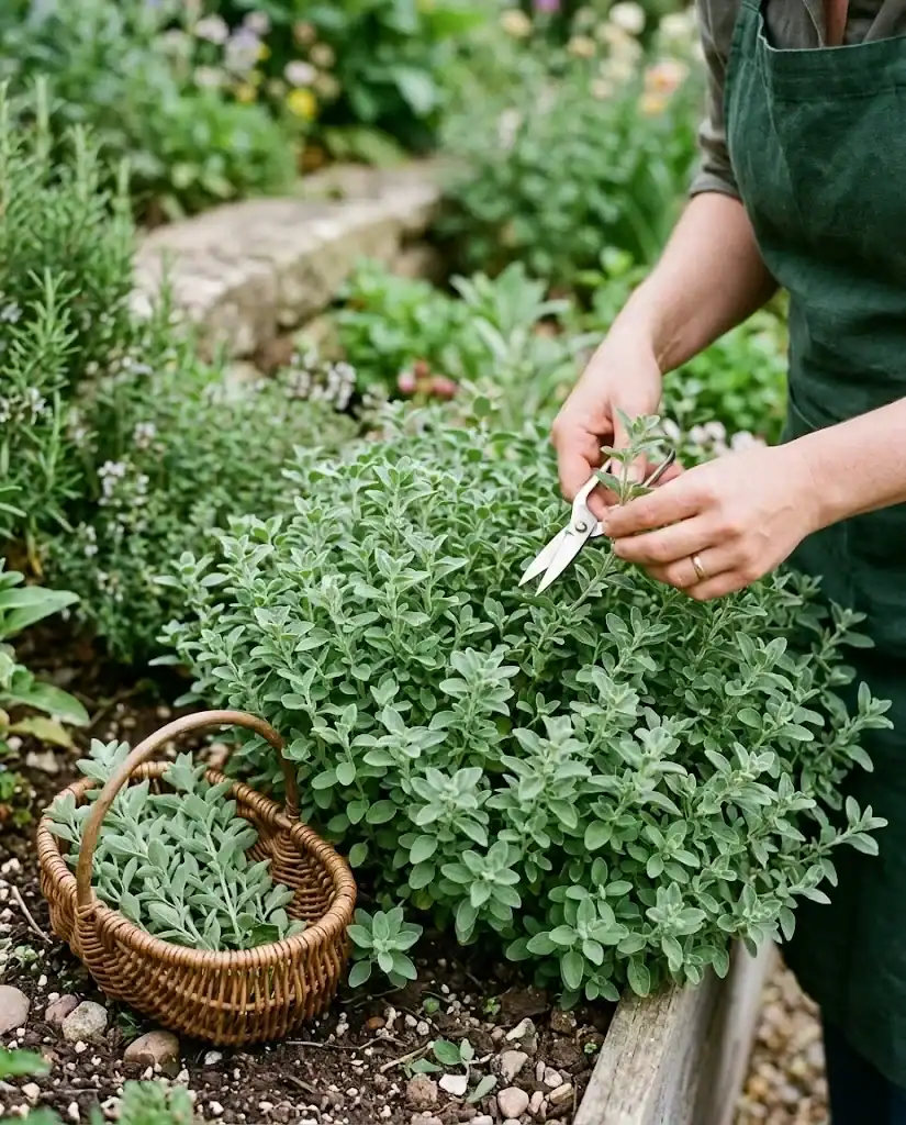 Herb snips harvesting fresh sweet marjoram stems beside a small basket