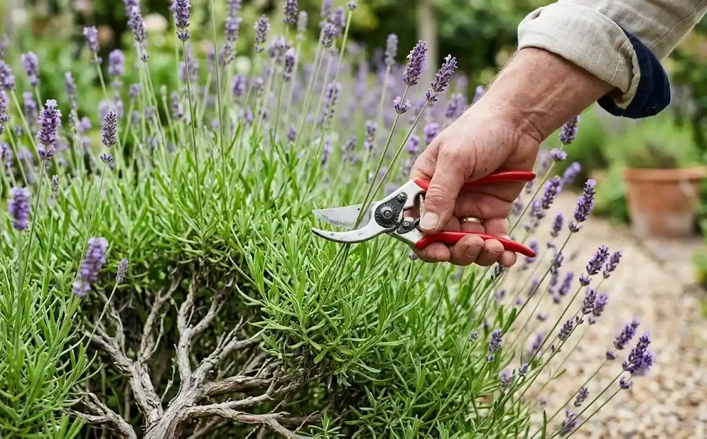 Hand pruners cutting a lavender stem above leafy green growth