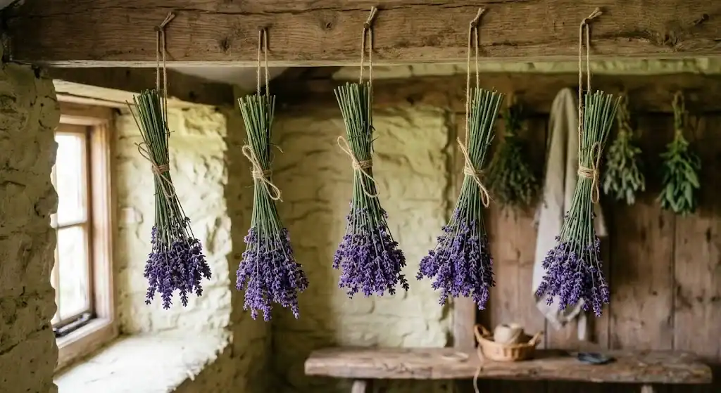 Small lavender bundles hanging upside down to dry