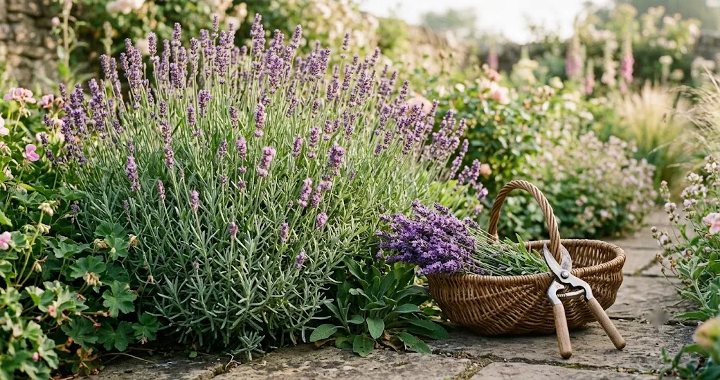 Freshly cut lavender stems beside pruners in a summer garden