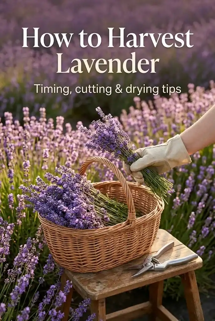 Lavender harvest with basket and pruners beside harvest guide text