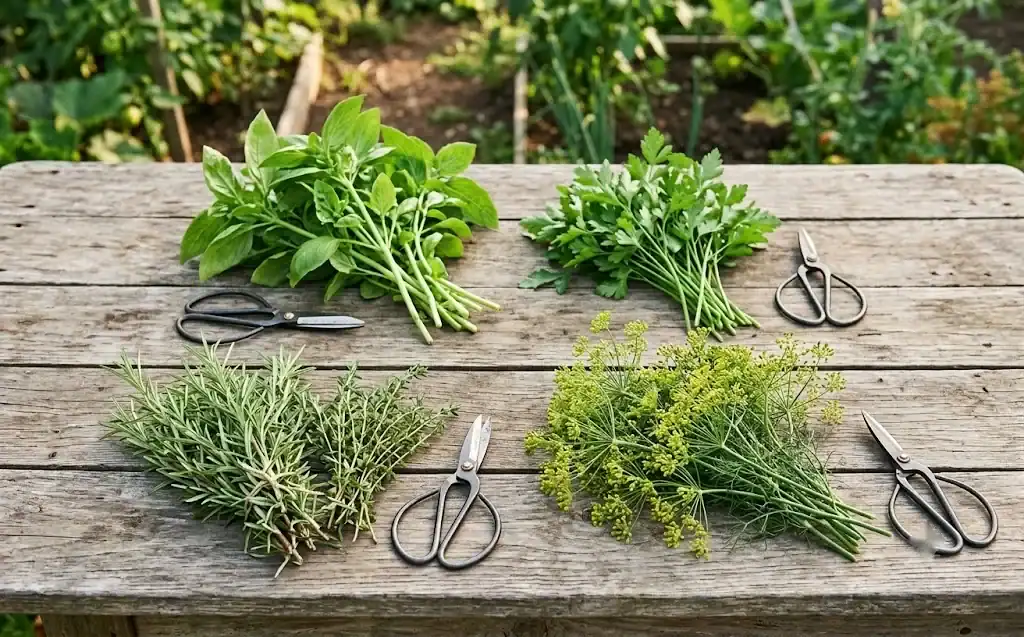 Leafy, woody, flowering, and seed herbs arranged for harvest with clean snips