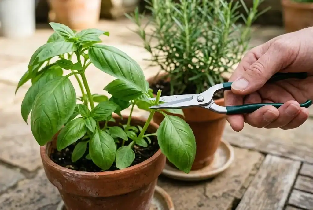 Garden snips taking a small cutting just above a leaf pair on a healthy potted basil plant