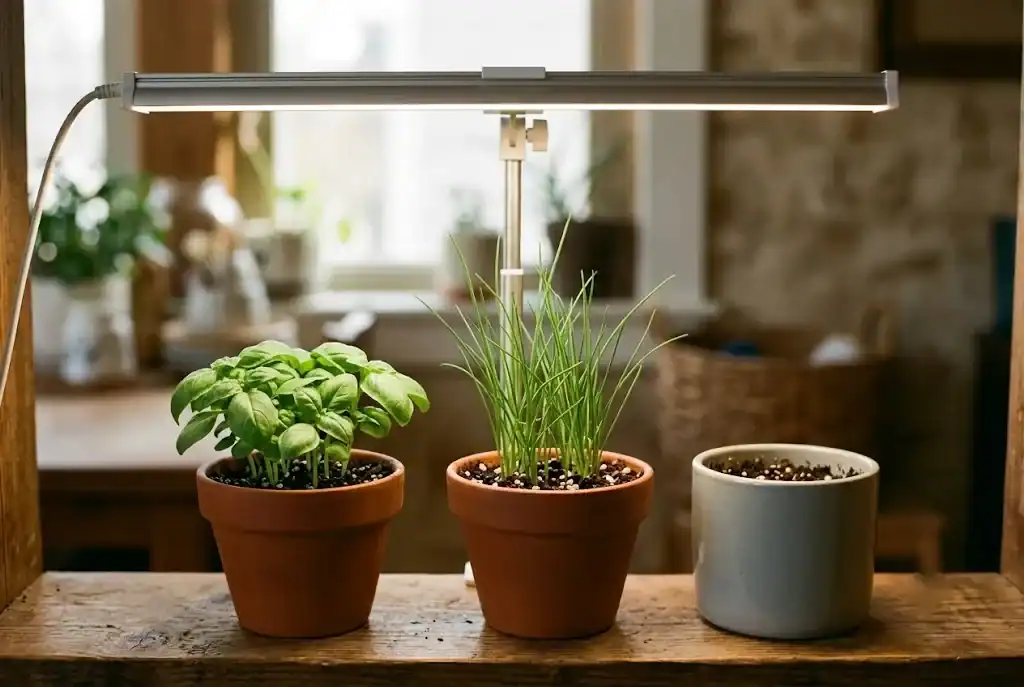 Potted basil and chive seedlings growing under an adjustable LED grow light on a wooden shelf