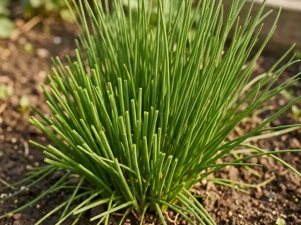 A single clump of chives with roughly one third cut down to short stubble and two thirds left at full height