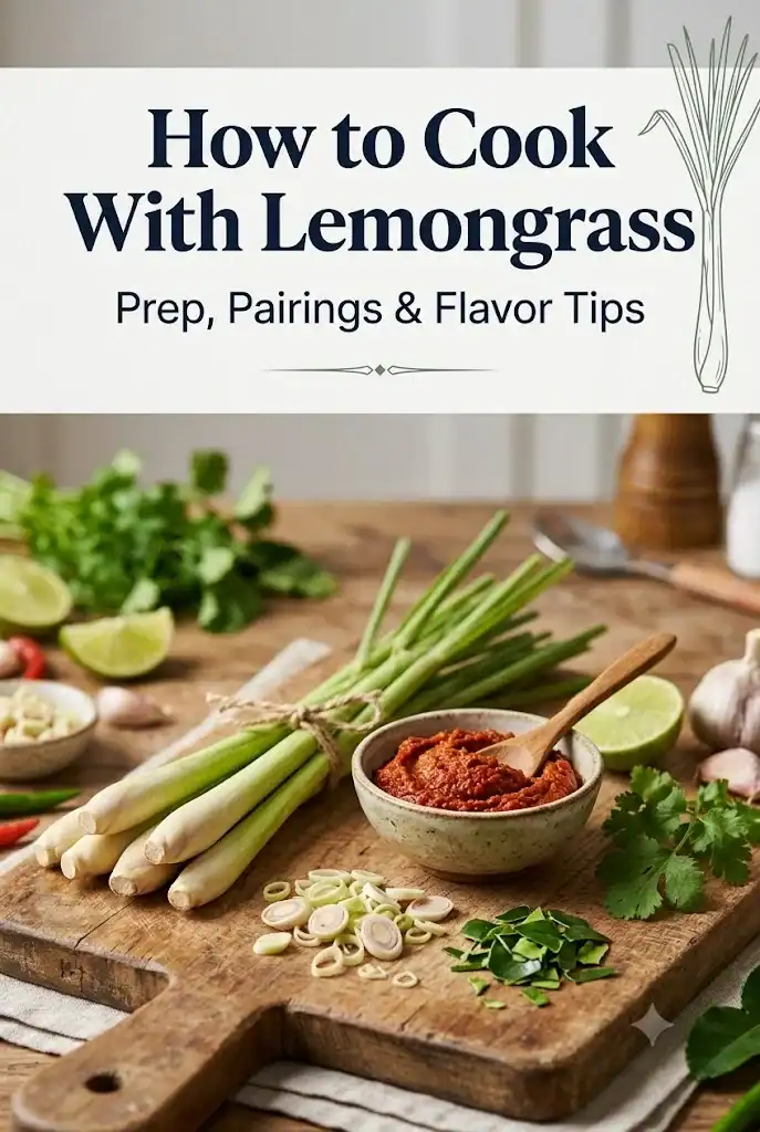 Pinterest graphic titled How to Cook With Lemongrass with the subtitle Prep, Pairings and Flavor Tips, over a photo of lemongrass stalks and a bowl of curry paste
