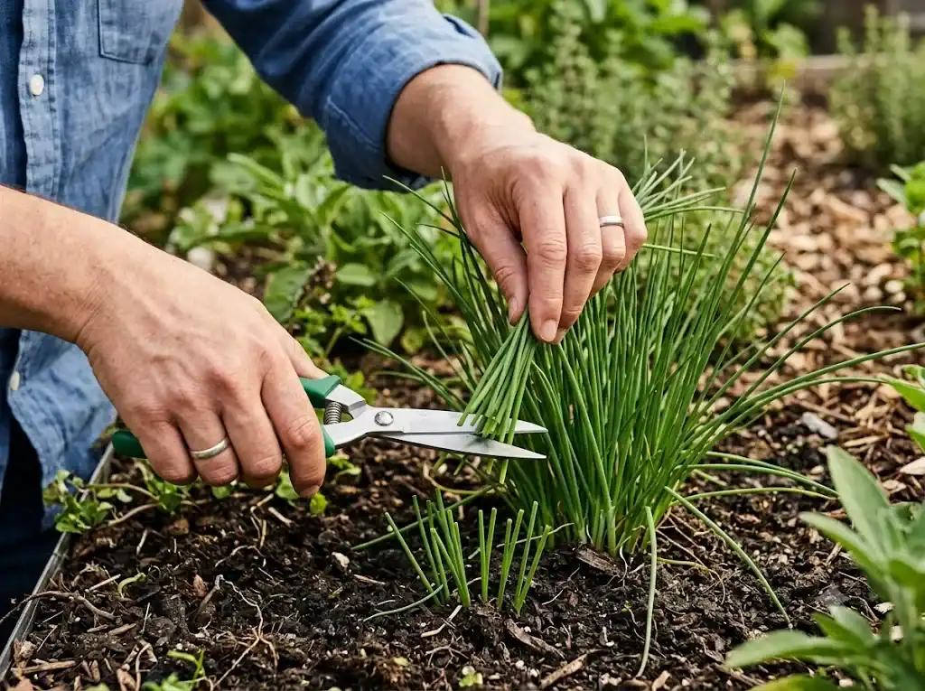 A hand gathering a bunch of chive leaves while snips cut straight across one to two inches above the soil