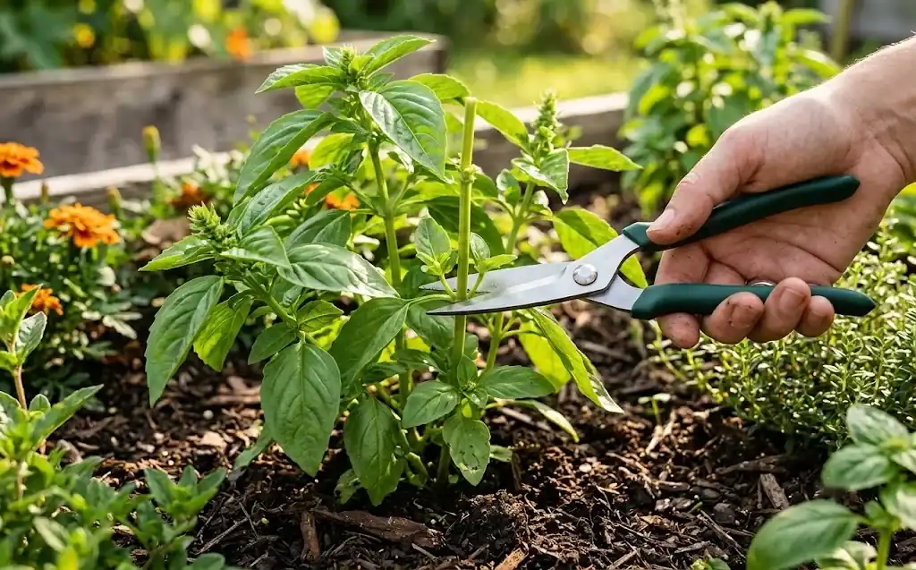 Clean garden snips cutting a basil stem just above a pair of leaf nodes