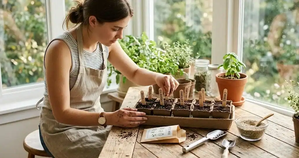 A gardener sowing herb seeds into a labeled fiber seed tray at a sunny kitchen window