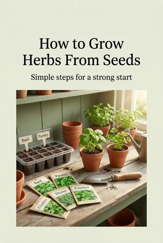 Pinterest graphic titled How to Grow Herbs From Seeds with the subtitle Simple steps for a strong start, showing a potting bench with seed trays, herb seedlings, and seed packets