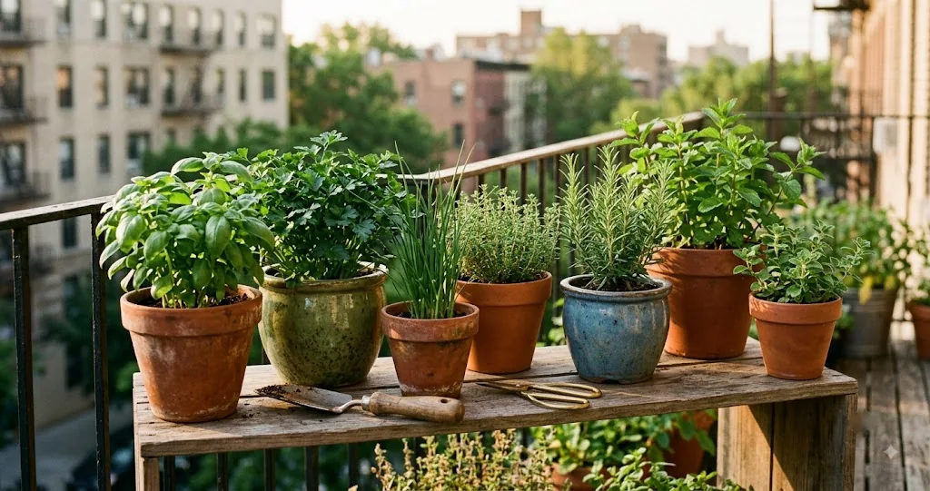 Healthy culinary herbs growing in separate terracotta and glazed pots on a sunny balcony