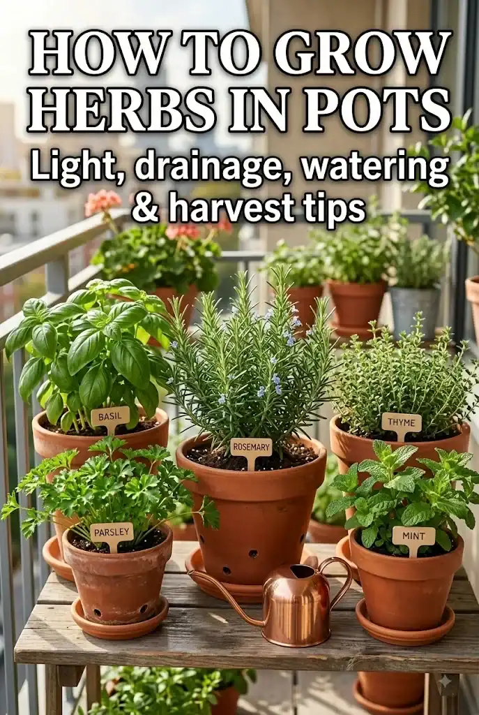 Pinterest graphic showing healthy potted culinary herbs with the text How to Grow Herbs in Pots
