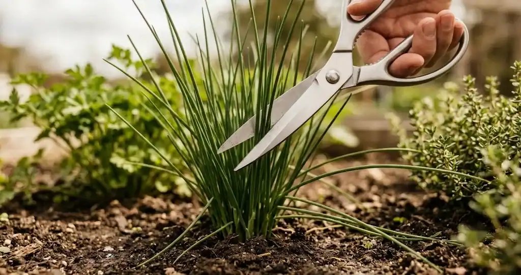 Garden snips cutting through a clump of chives close to the soil, with most of the plant standing above the cut