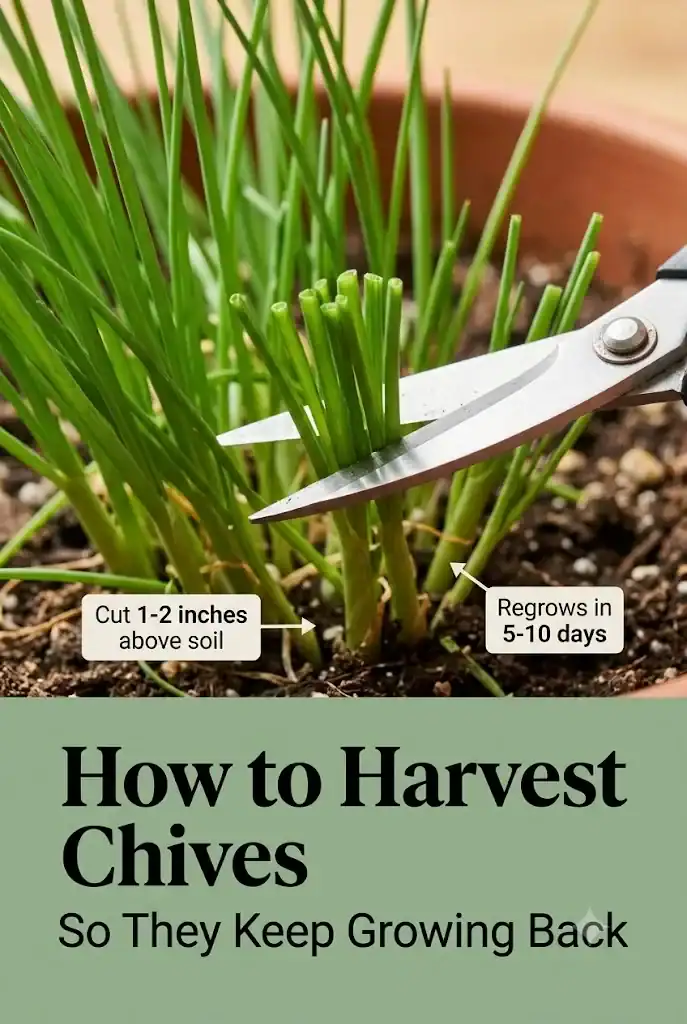 Pinterest graphic titled How to Harvest Chives, over a photo of chives being cut with garden snips