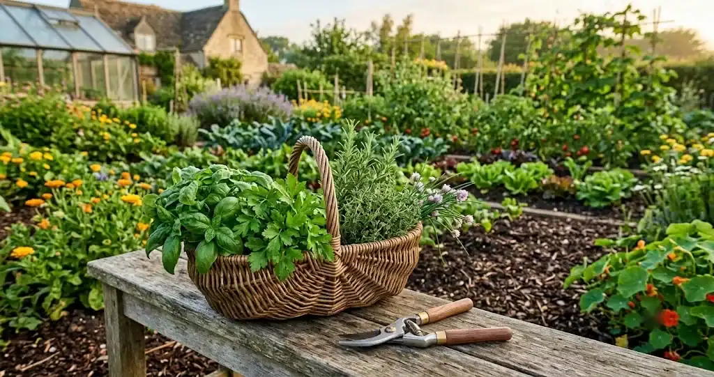 Freshly harvested basil, parsley, rosemary, thyme, and chives in a garden basket with clean snips