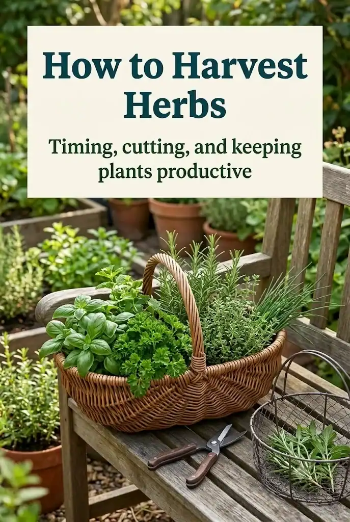 Pinterest graphic titled How to Harvest Herbs with timing, cutting, and regrowth tips