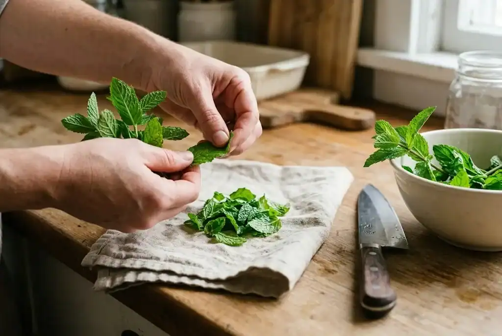Hands gently tear fresh spearmint leaves over a clean kitchen towel beside a knife and bowl