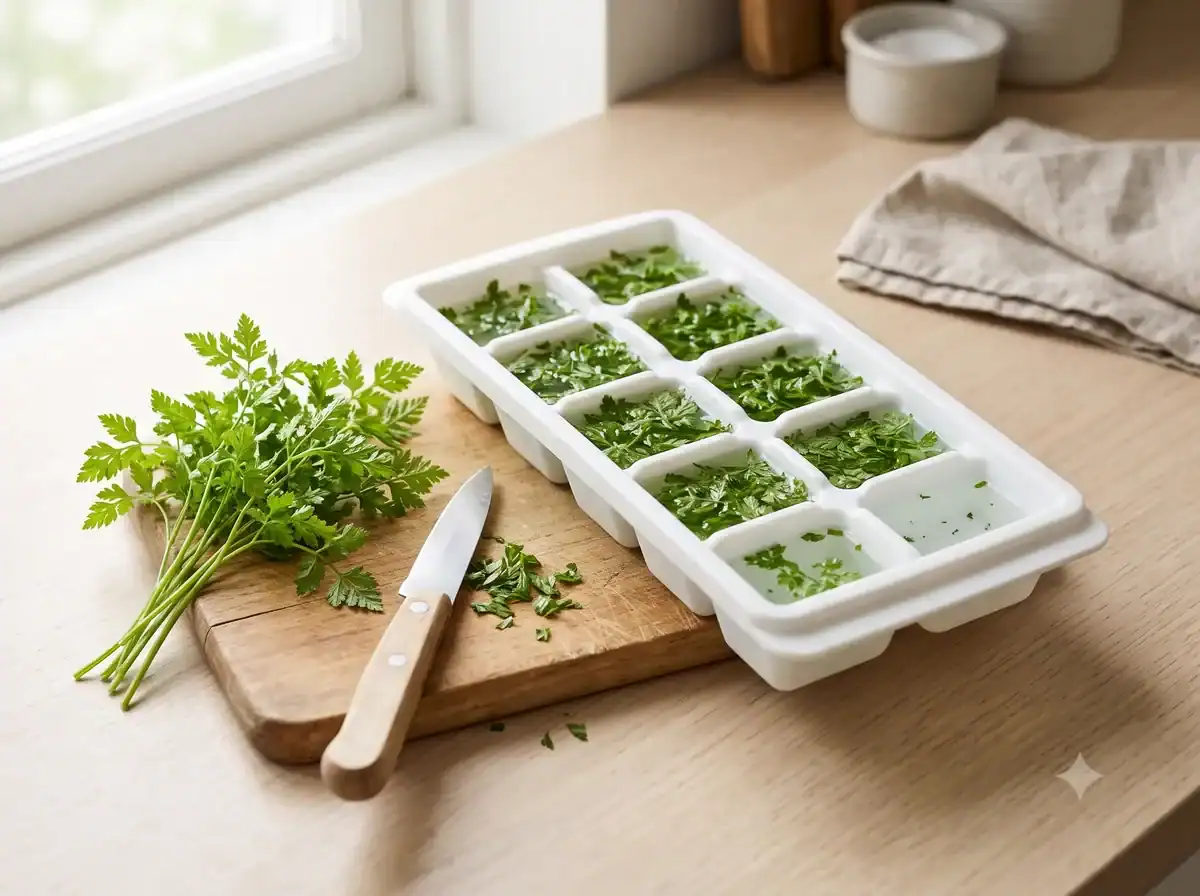 Chopped chervil frozen in ice cube trays for cooked dishes