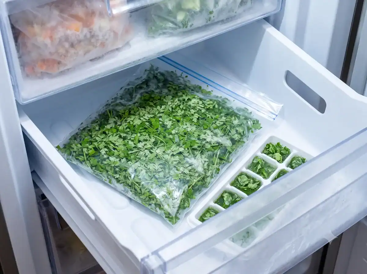Chopped chervil in freezer bags and herb cubes in a freezer drawer