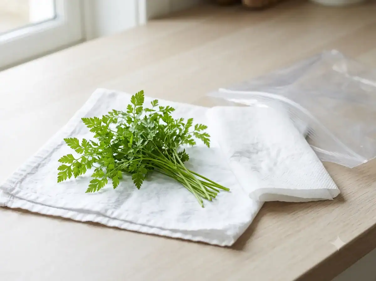 Fresh chervil beside paper towels and a reusable storage bag