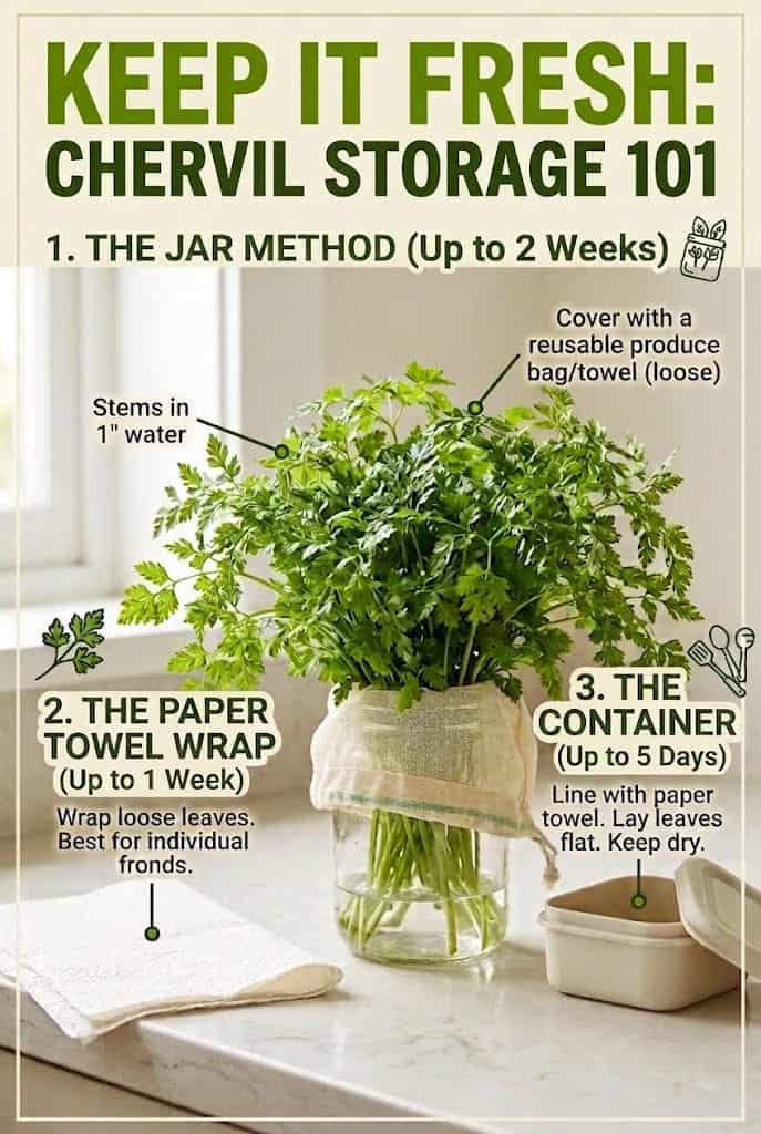 Pinterest guide showing three practical ways to store fresh chervil: upright in water, wrapped in paper towel, or in a lined container