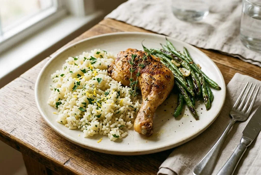 Lemon-garlic parsley rice served beside roasted chicken and green beans on a simple ceramic dinner plate