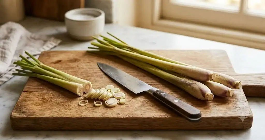 Fresh whole lemongrass stalks on a wooden cutting board beside a knife, with one stalk trimmed and sliced to show its pale layered core