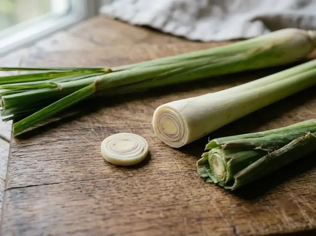 A whole lemongrass stalk next to a cross-section of its trimmed base, showing the pale tightly layered core against the fibrous green top cut away beside it