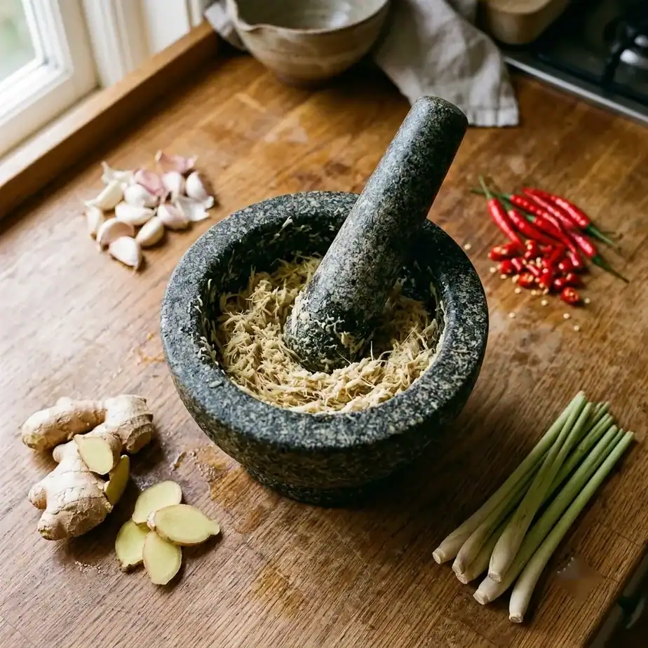 A mortar and pestle holding pounded lemongrass paste, surrounded by small piles of garlic, red chile, and fresh ginger
