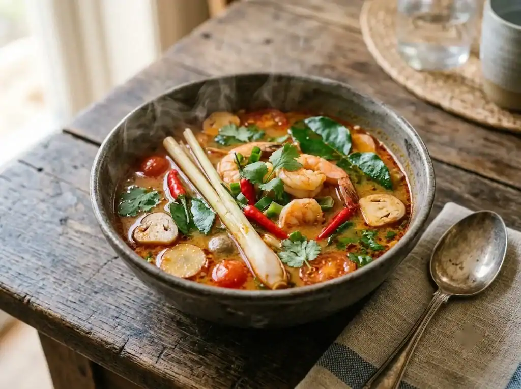 A steaming bowl of tom yum style soup with whole bruised lemongrass stalks, lime leaves, chile, and shrimp in a clear broth