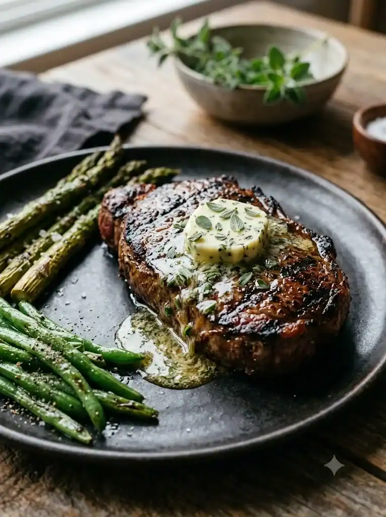 Marjoram compound butter melting over a grilled steak with asparagus and green beans