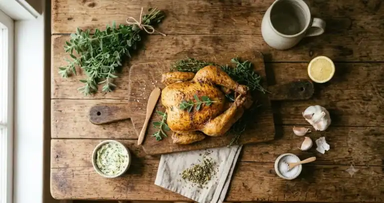 Overhead flat-lay of a roasted chicken with marjoram, lemon, garlic, and a ramekin of herb butter on a cloth
