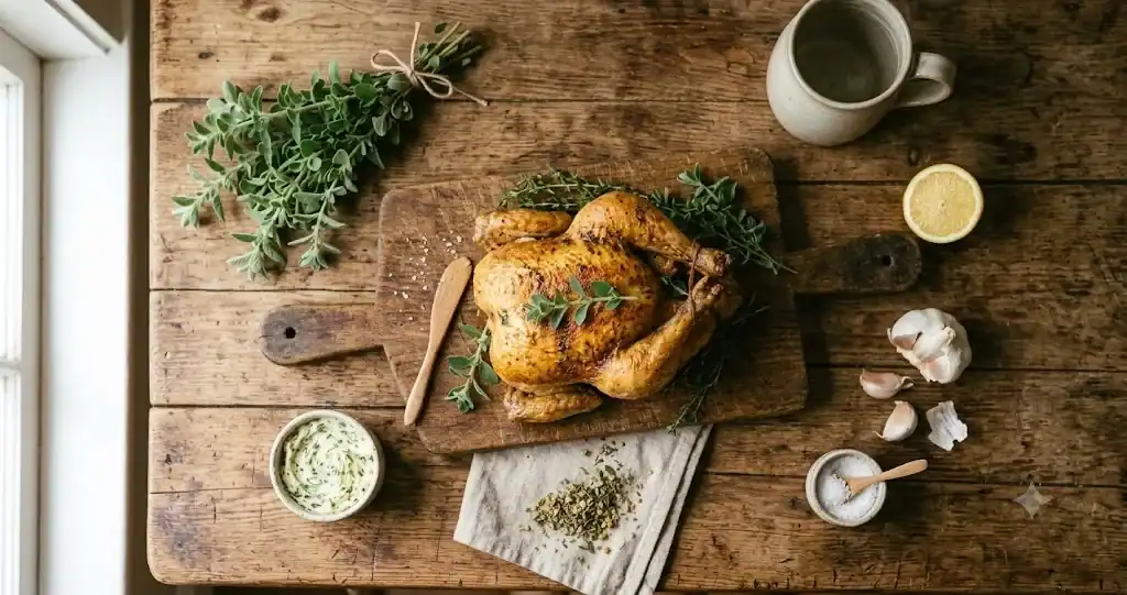Overhead flat-lay of a roasted chicken with marjoram, lemon, garlic, and a ramekin of herb butter on a cloth