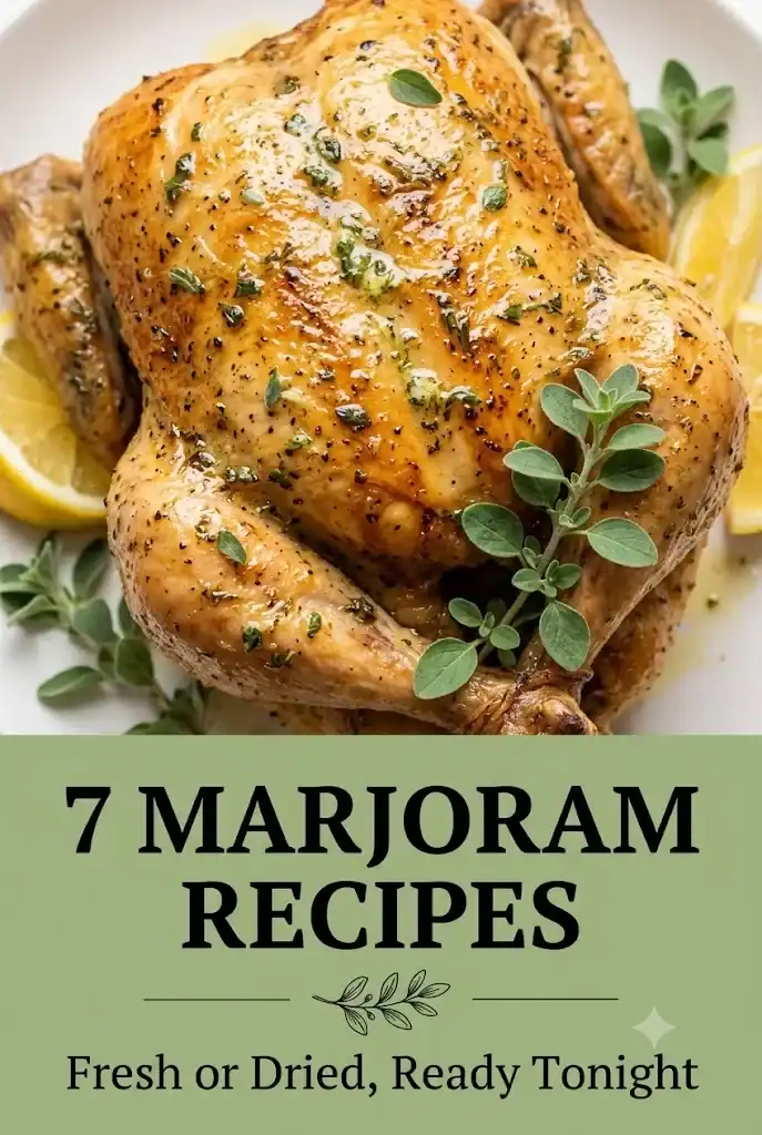 Pinterest graphic titled 7 Marjoram Recipes to Cook Fresh or Dried, over marjoram dishes