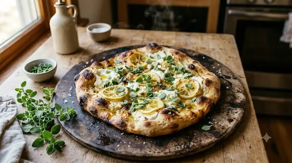 A baked ricotta flatbread scattered with marjoram leaves and thin lemon slices, edges crisp