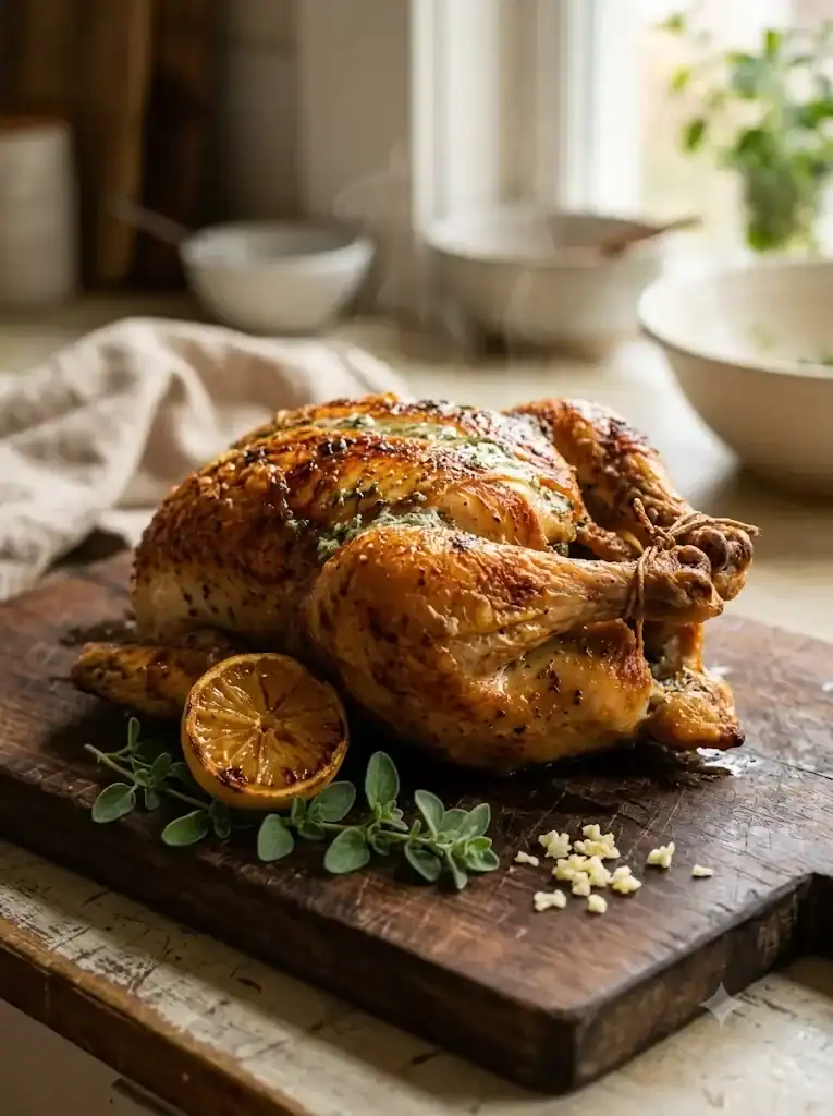 A plated roast chicken with herb butter under the skin, a caramelized lemon half, and marjoram sprigs alongside