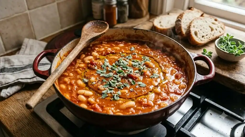 A bowl of tomato and white bean stew finished with chopped marjoram and a drizzle of olive oil