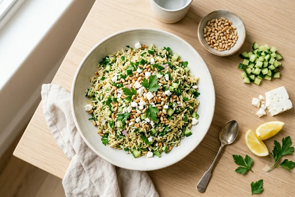 Mediterranean parsley rice in a shallow bowl with toasted pine nuts, diced cucumber, crumbled feta, and lemon alongside