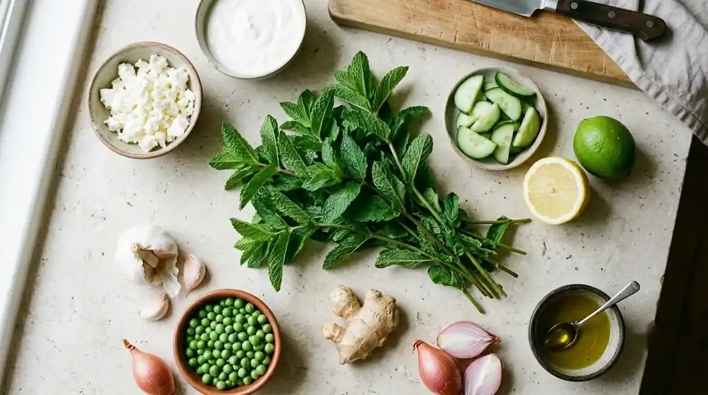 Fresh spearmint leaves arranged with feta, yogurt, cucumber, citrus, peas, garlic, ginger, and olive oil