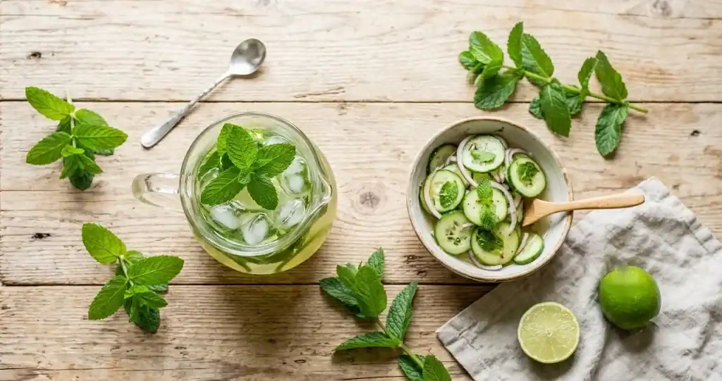 Overhead flat-lay on a rustic wooden table with a glass pitcher of mint limeade, a bowl of cucumber and red onion salad, loose mint sprigs and halved limes