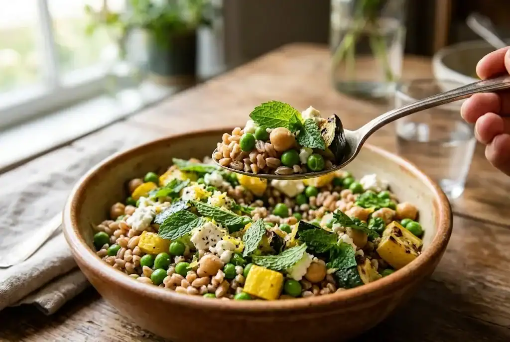 A warm grain bowl with peas, chickpeas, feta, roasted squash, lemon, and torn fresh spearmint leaves