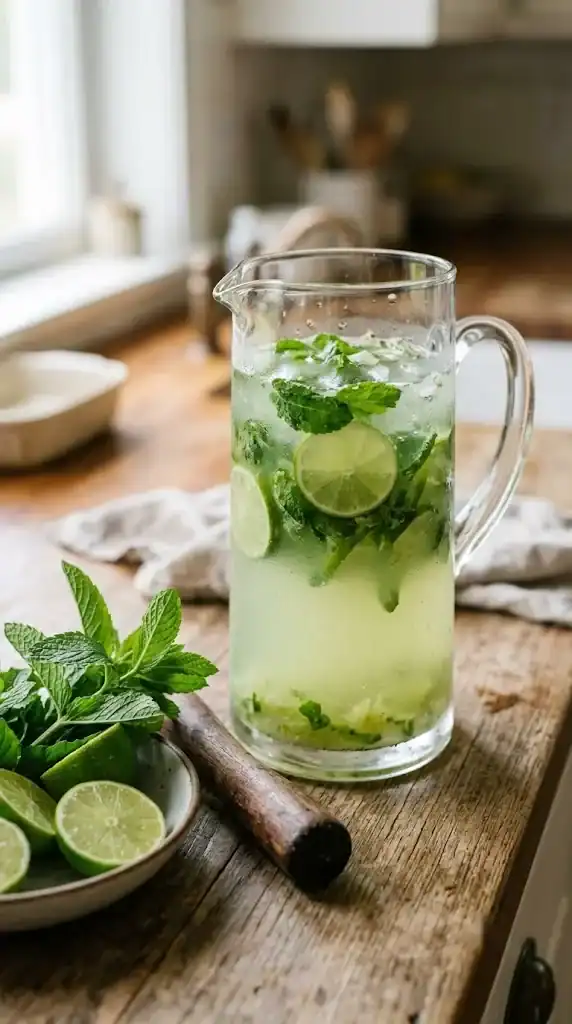 A glass pitcher of pale green limeade with muddled mint leaves and lime wheels floating in it, a wooden muddler and halved limes on the counter beside it