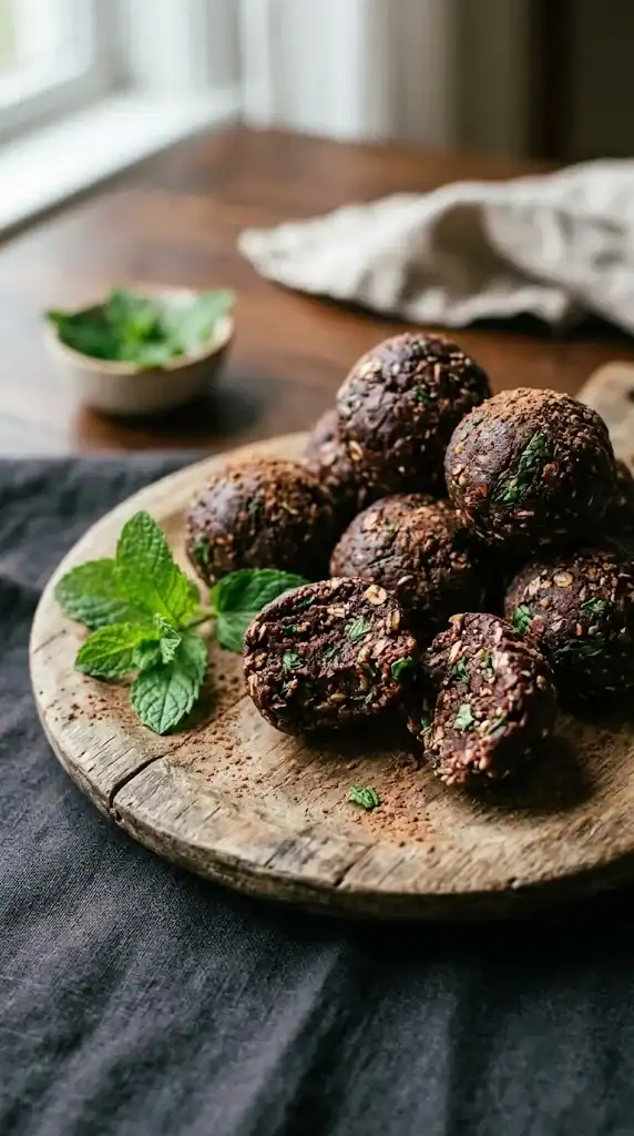 Dark chocolate and oat bites stacked on a round wooden board, one broken open to show flecks of chopped fresh mint, with mint leaves and dusted cocoa alongside