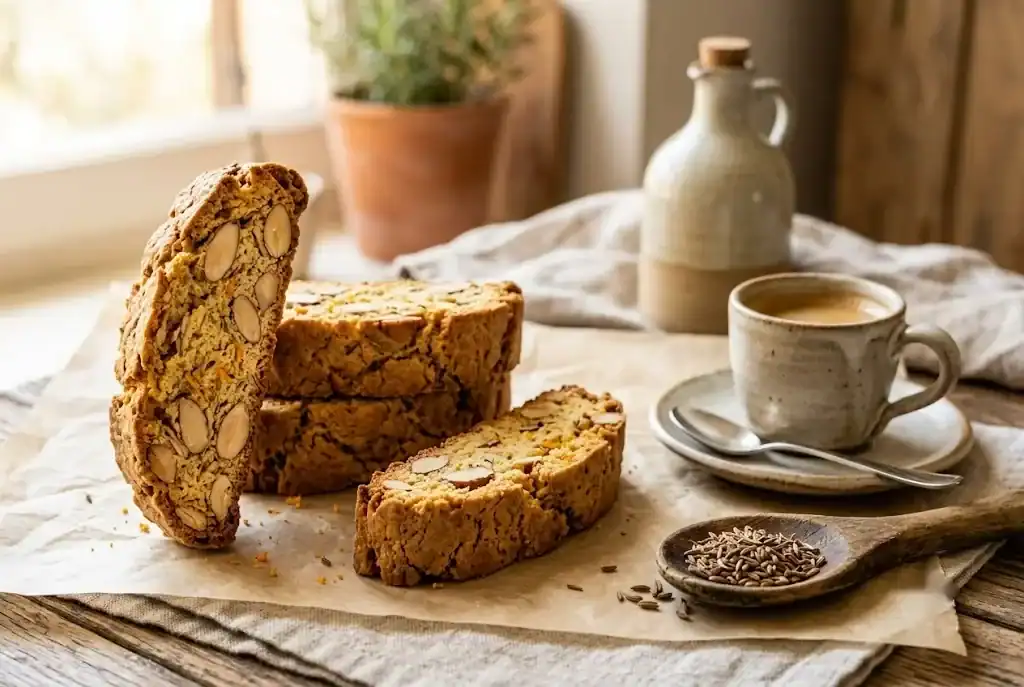 Crisp orange anise biscotti slices with sliced almonds, stacked beside a mug of tea