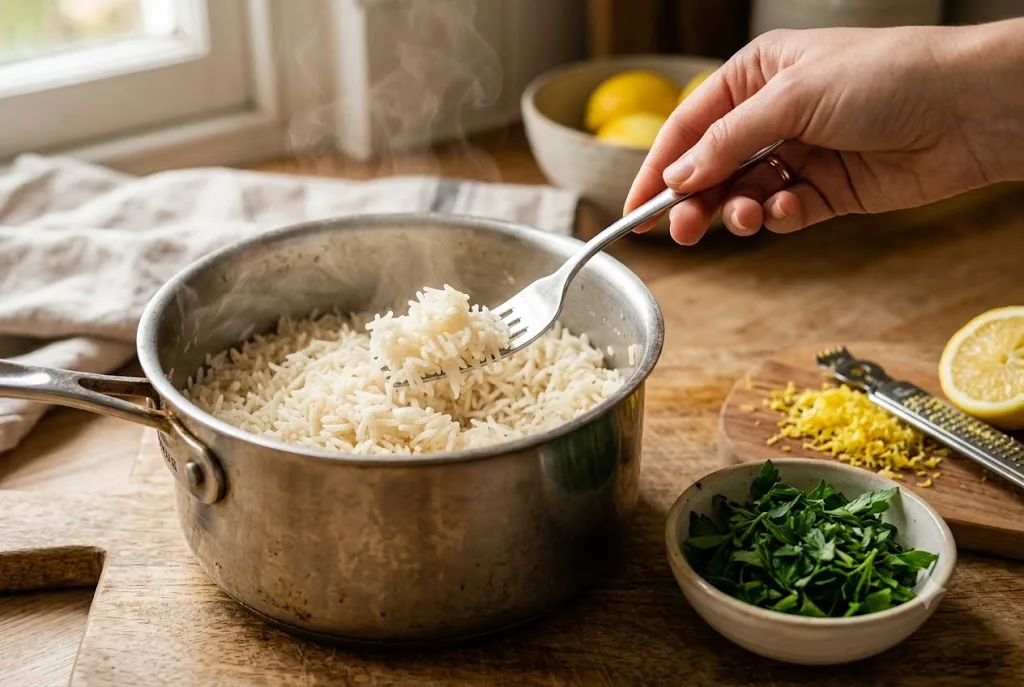 Cooked long-grain rice being fluffed with a fork in a saucepan, with finely chopped flat-leaf parsley and lemon zest waiting beside it