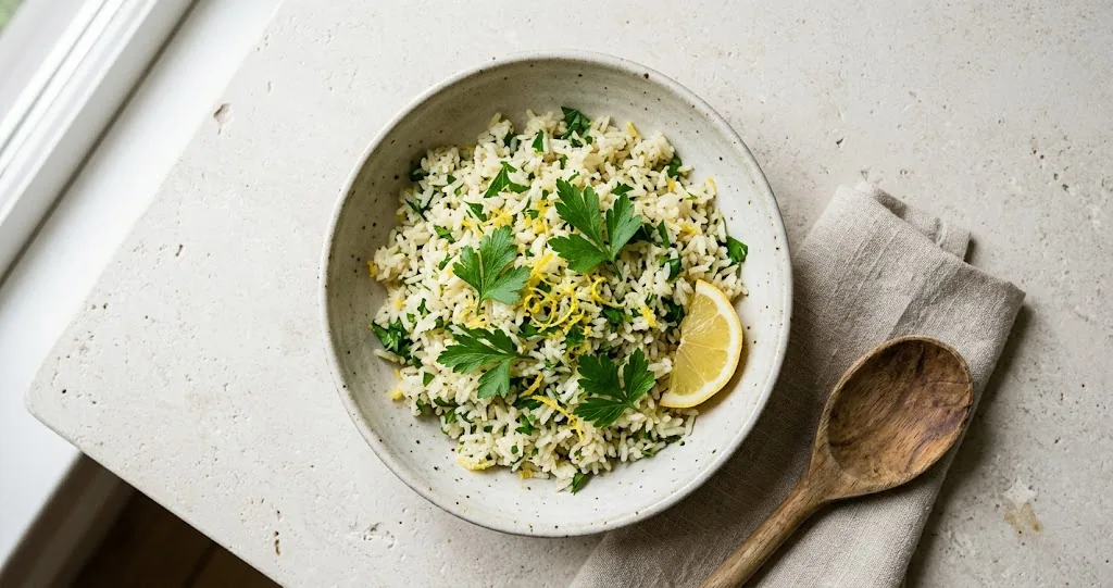 A shallow ceramic bowl of fluffy parsley rice with lemon zest and scattered flat-leaf parsley on a pale stone counter, with a linen napkin and wooden spoon at the edge
