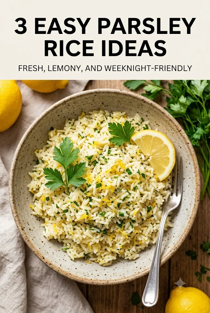 Pinterest graphic titled 3 Easy Parsley Rice Ideas with the line Fresh, lemony, and weeknight-friendly, over a bowl of lemon parsley rice
