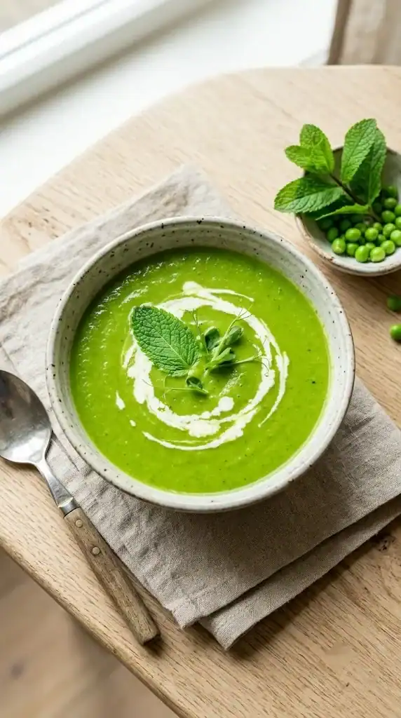 A bowl of bright green pea and mint soup with a swirl of cream and a mint leaf on top, beside a small dish of mint sprigs and fresh peas