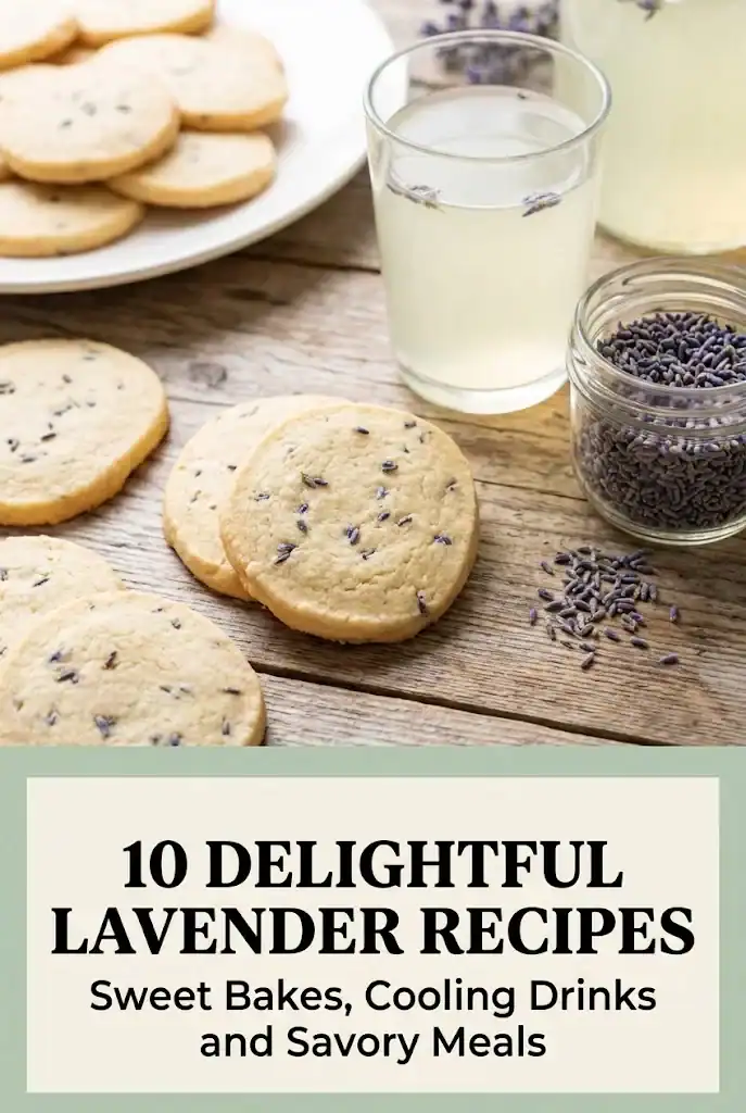 Vertical Pinterest pin showing sweet and savory lavender recipes with text reading 10 DELIGHTFUL LAVENDER RECIPES